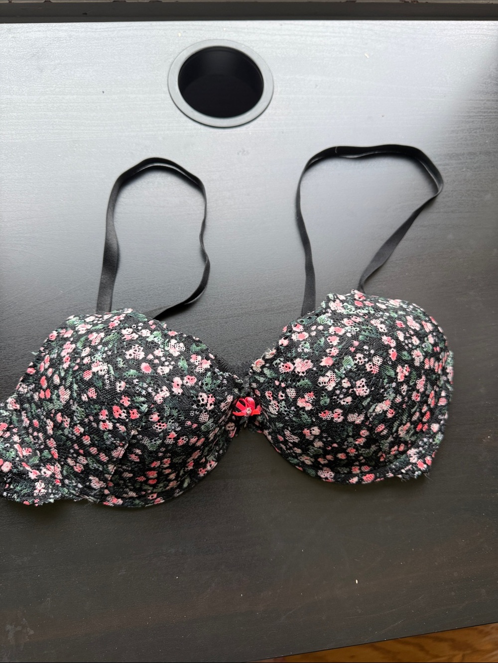 H&M Black Floral Lace Padded Bra with Pink Accents